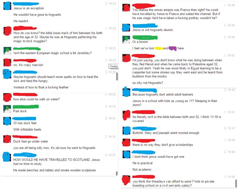 Illustration for article titled best facebook conversation ever: Jesus and Hogwarts